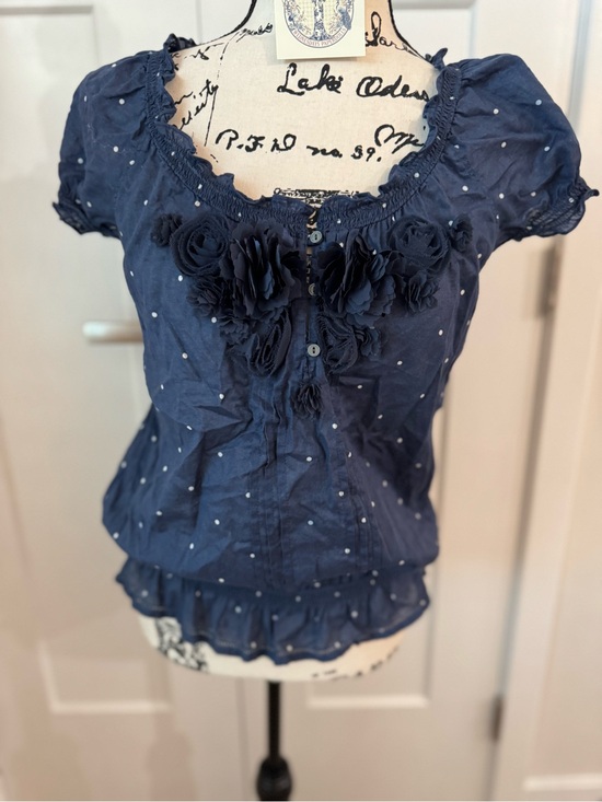 Abercrombie & Fitch Tops - Abercrombie & Fitch Navy Blue Polka Dots With Floral Brocades Peasant Top M
